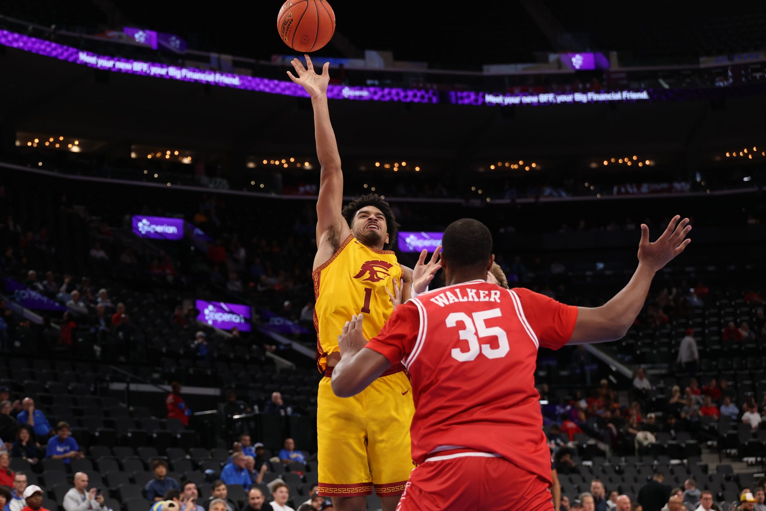 Nov 14, 2025; Inglewood, California, USA; Southern California Trojans guard Rodney Rice (1) shoots the ball over Illinois State Redbirds forward Chase Walker (35) during the first half of the Hall of Fame Series game at Intuit Dome. Mandatory Credit: Kiyoshi Mio-Imagn Images