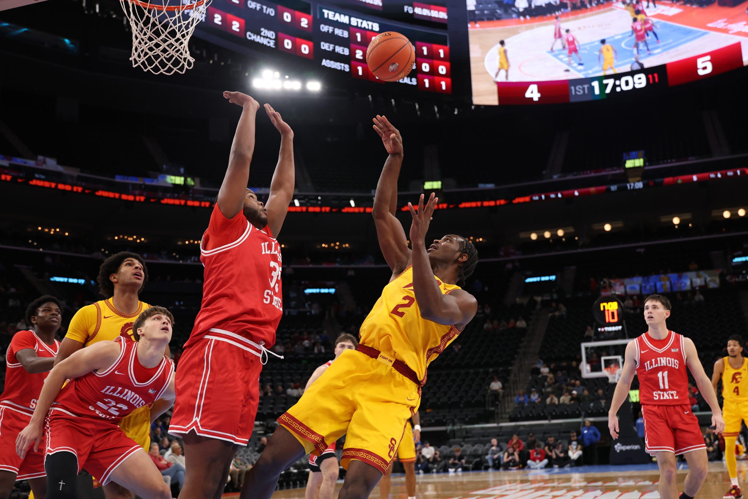 Nov 14, 2025; Inglewood, California, USA;  Southern California Trojans forward Ezra Ausar (2) shoots the ball over Illinois State Redbirds forward Chase Walker (35) during the first half of the Hall of Fame Series game at Intuit Dome. Mandatory Credit: Kiyoshi Mio-Imagn Images