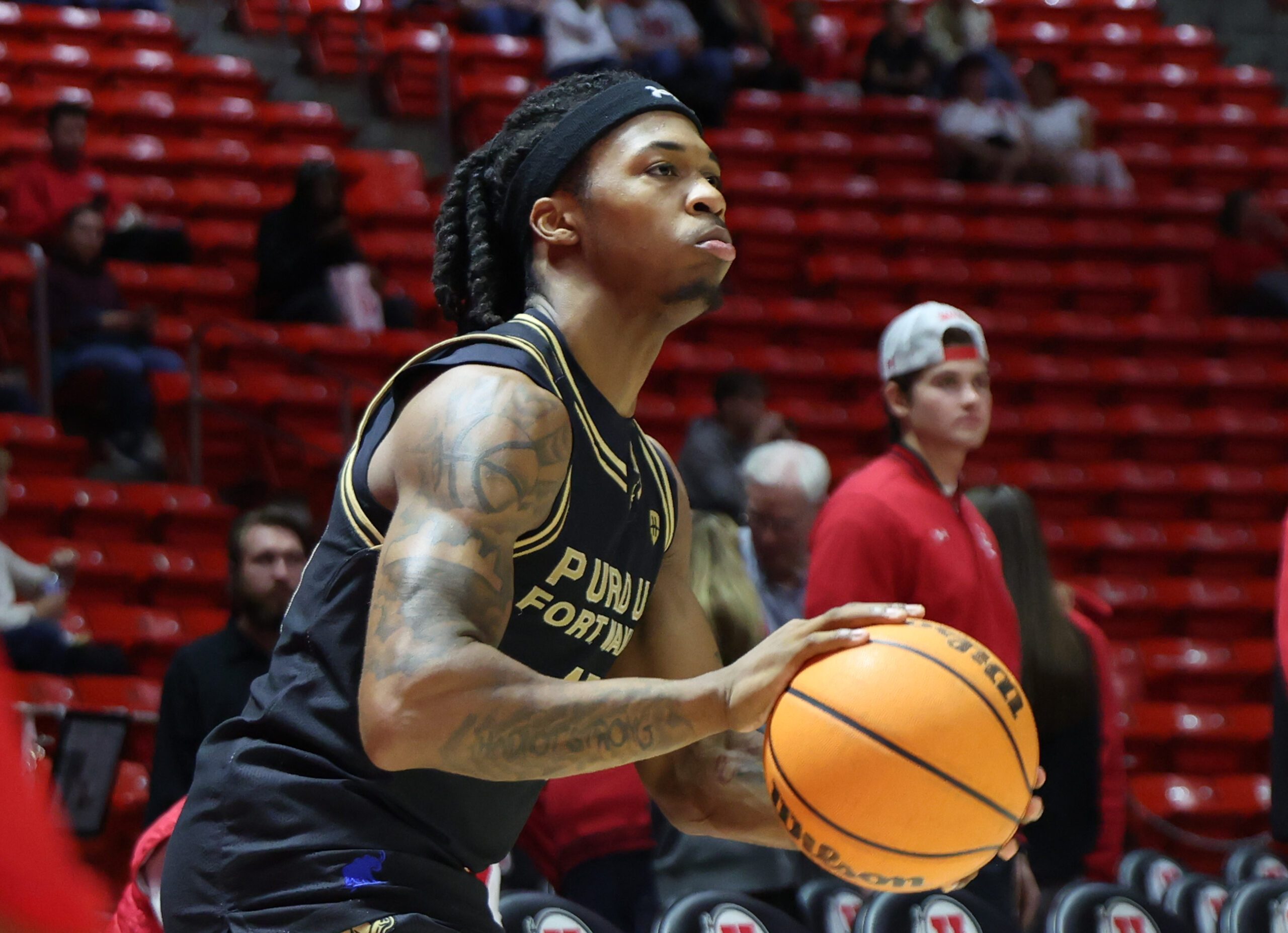 Nov 18, 2025; Salt Lake City, Utah, USA; Purdue Fort Wayne Mastodons guard Corey Hadnot II (10) warms up before the game against the Utah Utes at Jon M. Huntsman Center. Mandatory Credit: Rob Gray-Imagn Images