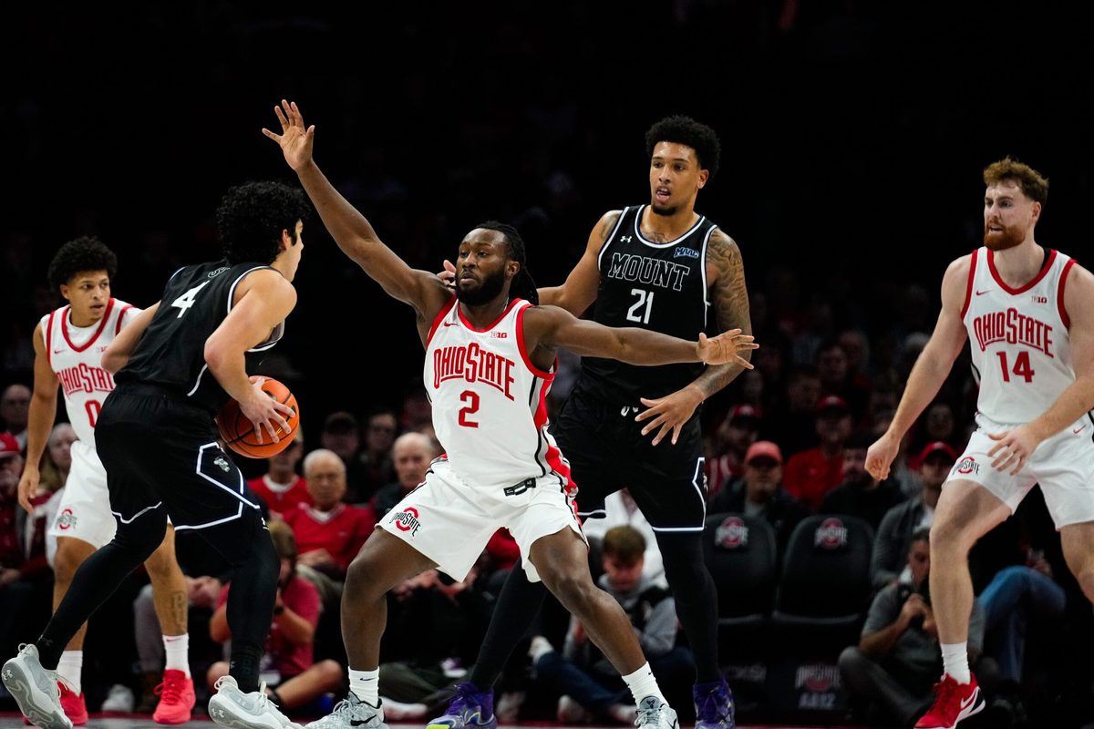 Ohio State Buckeyes guard John Mobley Jr. (0), guard Bruce Thornton (2) and forward Brandon Noel (14) play defense against the Mount St. Mary's Mountaineers in the first half of the NCAA basketball game at Value City Arena on Tuesday, Nov. 25, 2025 in Columbus, Ohio.