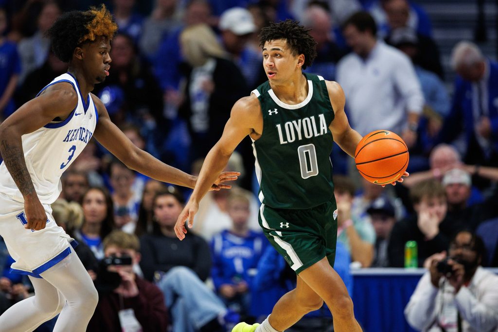 Nov 21, 2025; Lexington, Kentucky, USA; Loyola (MD) Greyhounds guard Braeden Speed (0) handles the ball during the second half against the Kentucky Wildcats at Rupp Arena at Central Bank Center. Mandatory Credit: Jordan Prather-Imagn Images