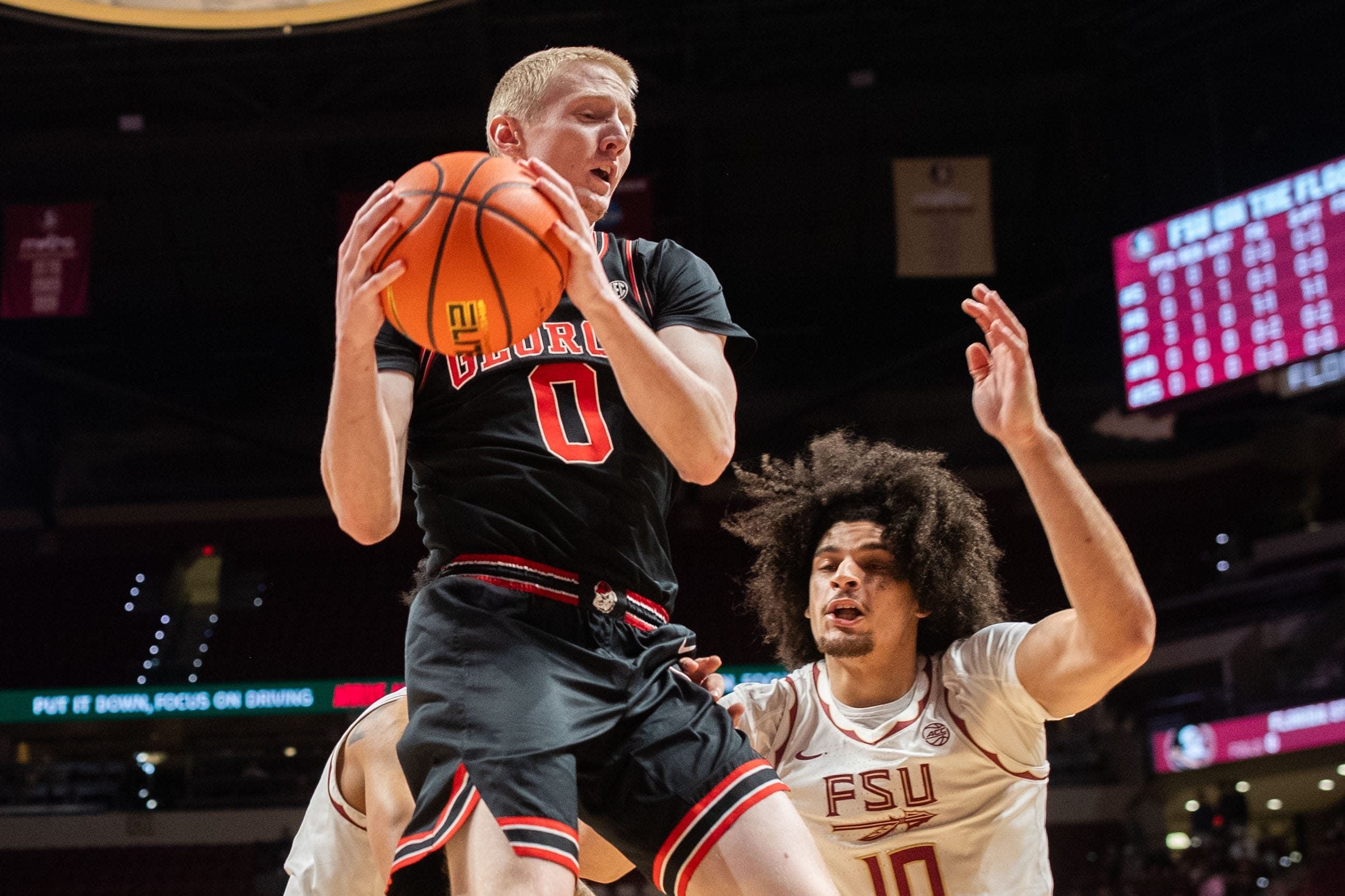 Georgia Bulldogs guard Blue Cain (0) grabs the rebound. The Florida State Seminoles hosted the Georgia Bulldogs at the Tucker Civic Center for a men’s basketball game Tuesday, Dec. 2, 2025.