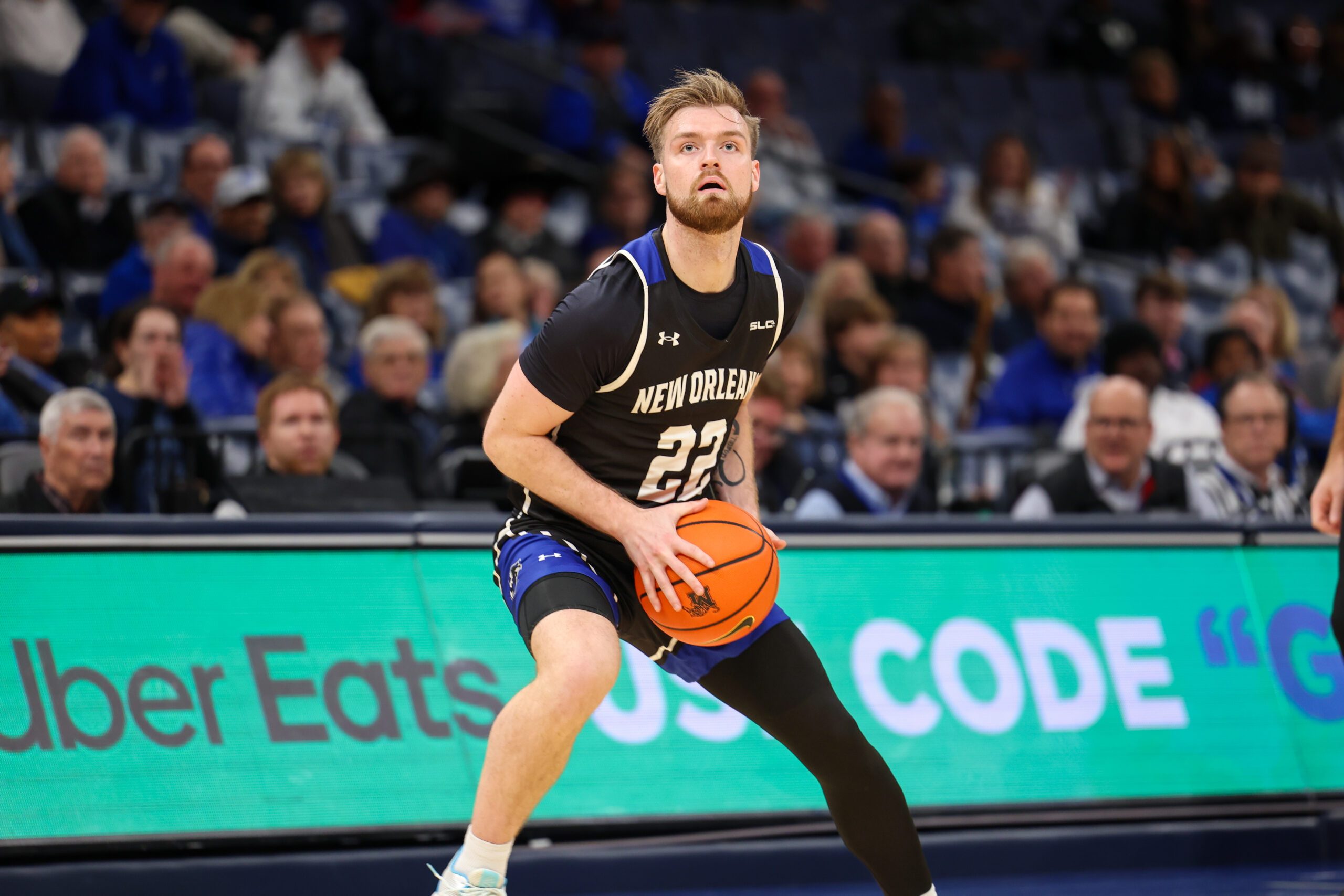 Dec 3, 2025; Memphis, Tennessee, USA; New Orleans Privateers guard Coleton Benson (22) looks to shoot the ball against the Memphis Tigers during the second half at FedExForum. Mandatory Credit: Wesley Hale-Imagn Images