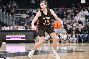 Dec 9, 2025; Providence, Rhode Island, USA; Brown Bears guard Luke Paragon (14) dribbles the ball against the Providence Friars  during the second half at Amica Mutual Pavilion. Mandatory Credit: Eric Canha-Imagn Images