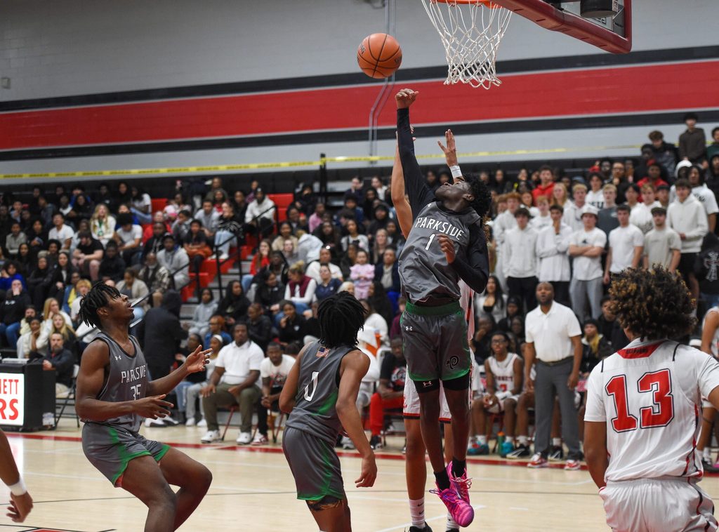 Parkside's Javon Comegys (1) reaches for the rebound against Bennett Thursday, Dec. 11, 2025, in Salisbury, Maryland. Parkside defeated Bennett 61-54.