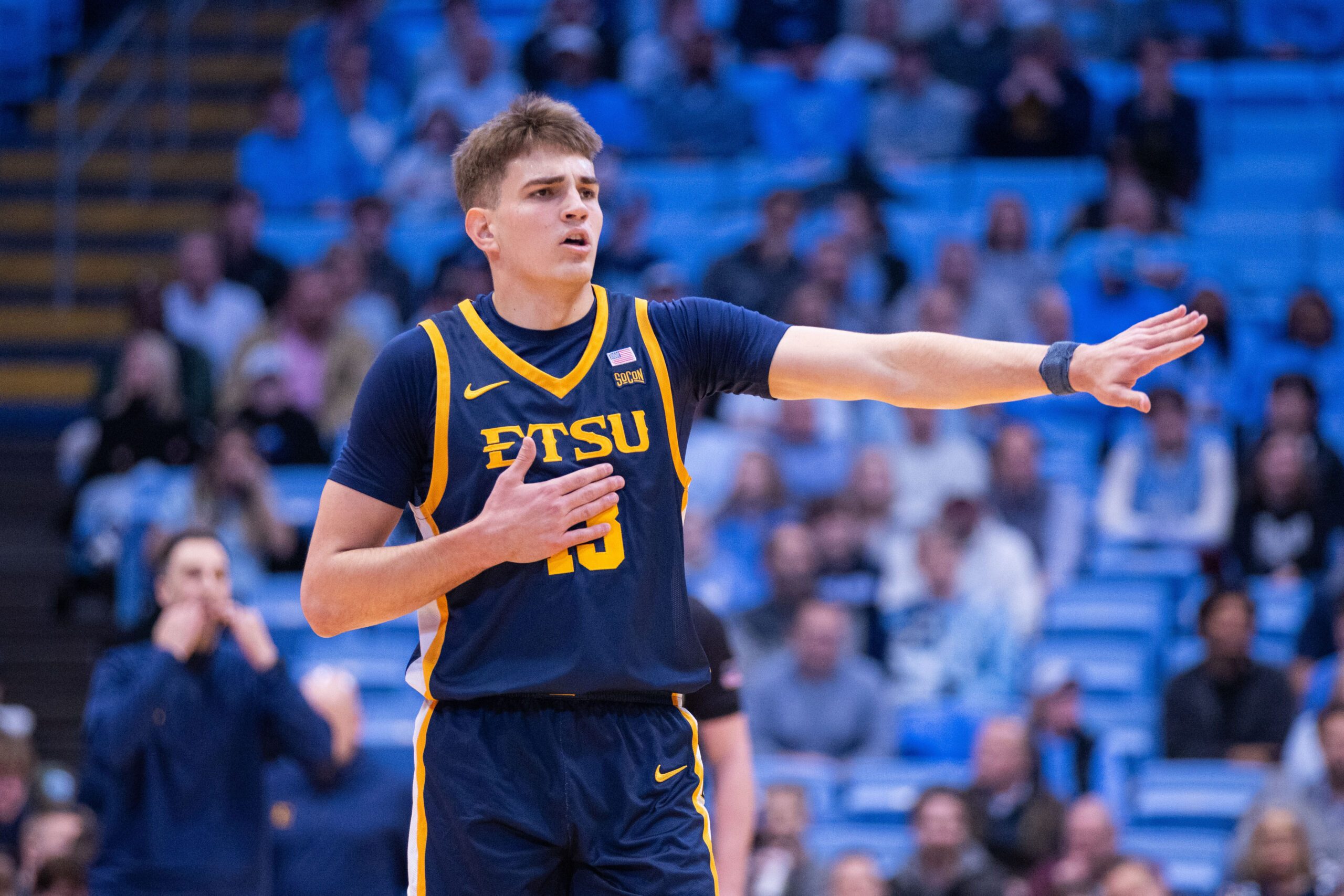 Dec 16, 2025; Chapel Hill, North Carolina, USA; ETSU Buccaneers forward Blake Barkley (13) calls out the play during the first half against the North Carolina Tar Heels at Dean E. Smith Center. Mandatory Credit: Scott Kinser-Imagn Images