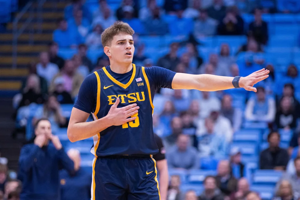 Dec 16, 2025; Chapel Hill, North Carolina, USA; ETSU Buccaneers forward Blake Barkley (13) calls out the play during the first half against the North Carolina Tar Heels at Dean E. Smith Center. Mandatory Credit: Scott Kinser-Imagn Images