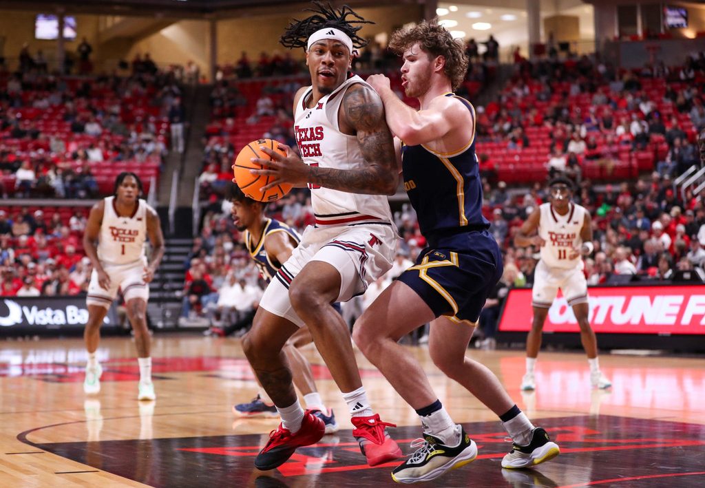 Texas Tech's JT Toppin looks to make a move against Northern Colorado during a non-conference men's basketball game, Tuesday, Dec. 16, 2025, at United Supermarkets Arena.