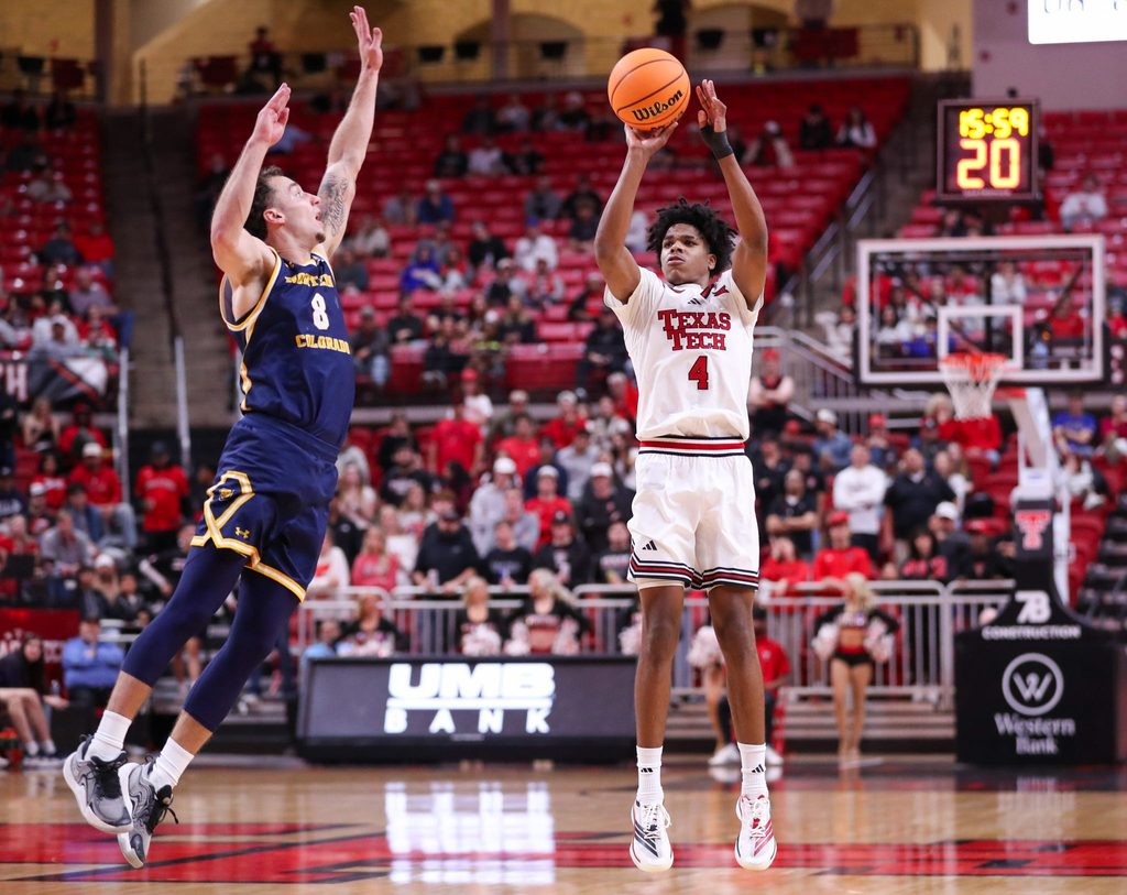 Texas Tech's Christian Anderson shoots a 3-pointer against Northern Colorado during a non-conference men's basketball game, Tuesday, Dec. 16, 2025, at United Supermarkets Arena.