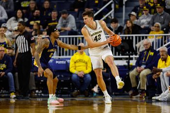 Dec 21, 2025; Ann Arbor, Michigan, USA; Michigan Wolverines forward Will Tschetter (42) handles the ball against La Salle Explorers guard Jaeden Marshall (2) during the second half at Crisler Center. Mandatory Credit: Brian Bradshaw Sevald-Imagn Images
