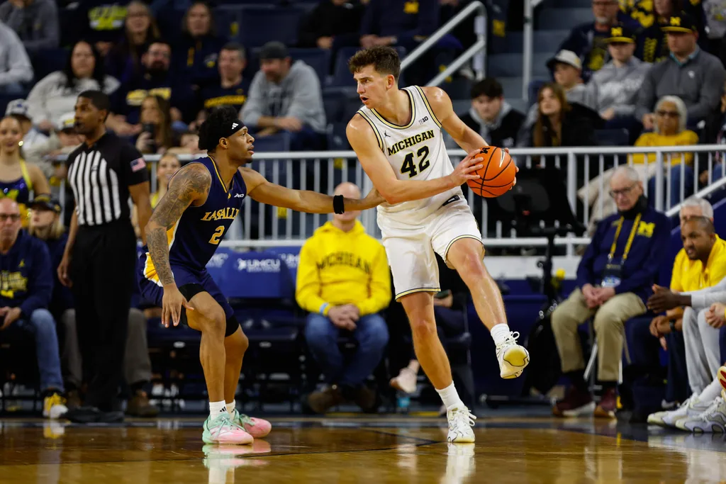 Dec 21, 2025; Ann Arbor, Michigan, USA; Michigan Wolverines forward Will Tschetter (42) handles the ball against La Salle Explorers guard Jaeden Marshall (2) during the second half at Crisler Center. Mandatory Credit: Brian Bradshaw Sevald-Imagn Images
