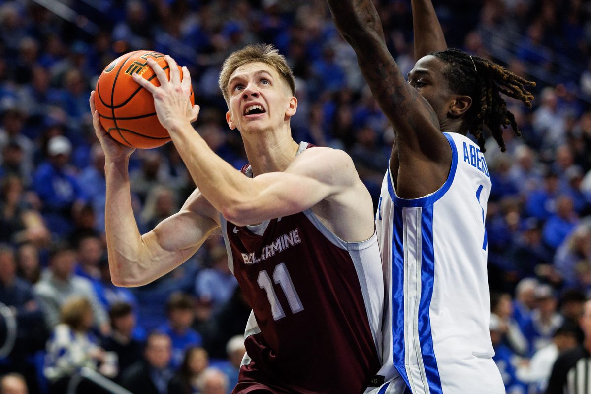 Dec 23, 2025; Lexington, Kentucky, USA; Bellarmine Knights forward Brian Waddell (11) takes the ball to the basket against Kentucky Wildcats guard Denzel Aberdeen (1) during the first half at Rupp Arena at Central Bank Center. Mandatory Credit: Jordan Prather-Imagn Images