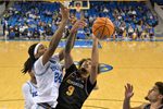 Dec 23, 2025; Los Angeles, California, USA; UCLA Bruins center Steven Jamerson II (24) defends a shot by UC Riverside Highlanders forward Osiris Grady (9) in the second half at Pauley Pavilion presented by Wescom Financial. Mandatory Credit: Jayne Kamin-Oncea-Imagn Images