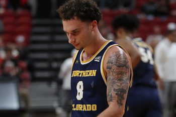 Dec 16, 2025; Lubbock, Texas, USA;  Northern Colorado Bears guard Zach Bloch (8) reacts after the game against the Texas Tech Red Raiders at United Supermarkets Arena. Mandatory Credit: Michael C. Johnson-Imagn Images