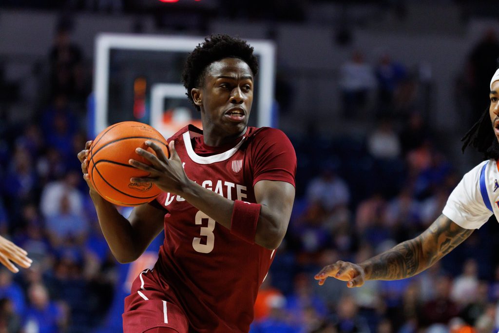 Dec 21, 2025; Gainesville, Florida, USA; Colgate Raiders guard Jalen Cox (3) drives to the basket against the Florida Gators during the first half at Exactech Arena at the Stephen C. O'Connell Center. Mandatory Credit: Matt Pendleton-Imagn Images