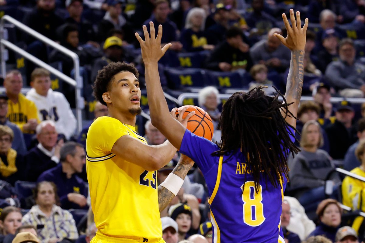 Dec 29, 2025; Ann Arbor, Michigan, USA; Michigan Wolverines forward Yaxel Lendeborg (23) is defended by McNeese Cowboys guard Tyshawn Archie (8) in the first half at Crisler Center. Mandatory Credit: Rick Osentoski-Imagn Images