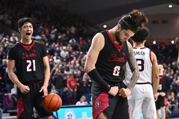 Jan 2, 2026; Spokane, Washington, USA; Seattle U Redhawks guard Brayden Maldonado (0) flexes after a play against the Gonzaga Bulldogs in overtime at McCarthey Athletic Center. Gonzaga Bulldogs won 80-72 in overtime. Mandatory Credit: James Snook-Imagn Images