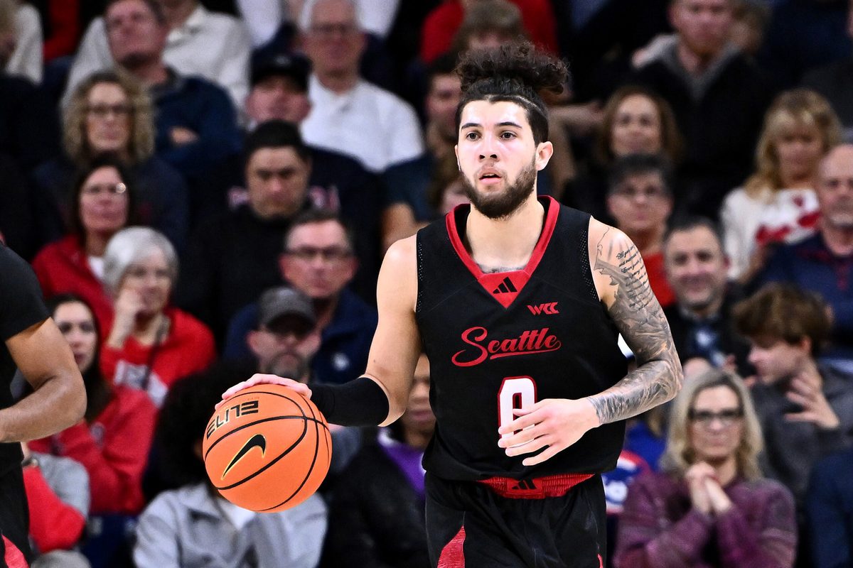 Jan 2, 2026; Spokane, Washington, USA; Seattle U Redhawks guard Brayden Maldonado (0) controls the ball against the Gonzaga Bulldogs in the second half at McCarthey Athletic Center. Mandatory Credit: James Snook-Imagn Images