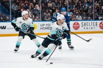 Jan 2, 2026; Vancouver, British Columbia, CAN; Seattle Kraken forward Jordan Eberle (7) handles the puck against the Vancouver Canucks in the second period at Rogers Arena. Mandatory Credit: Bob Frid-Imagn Images