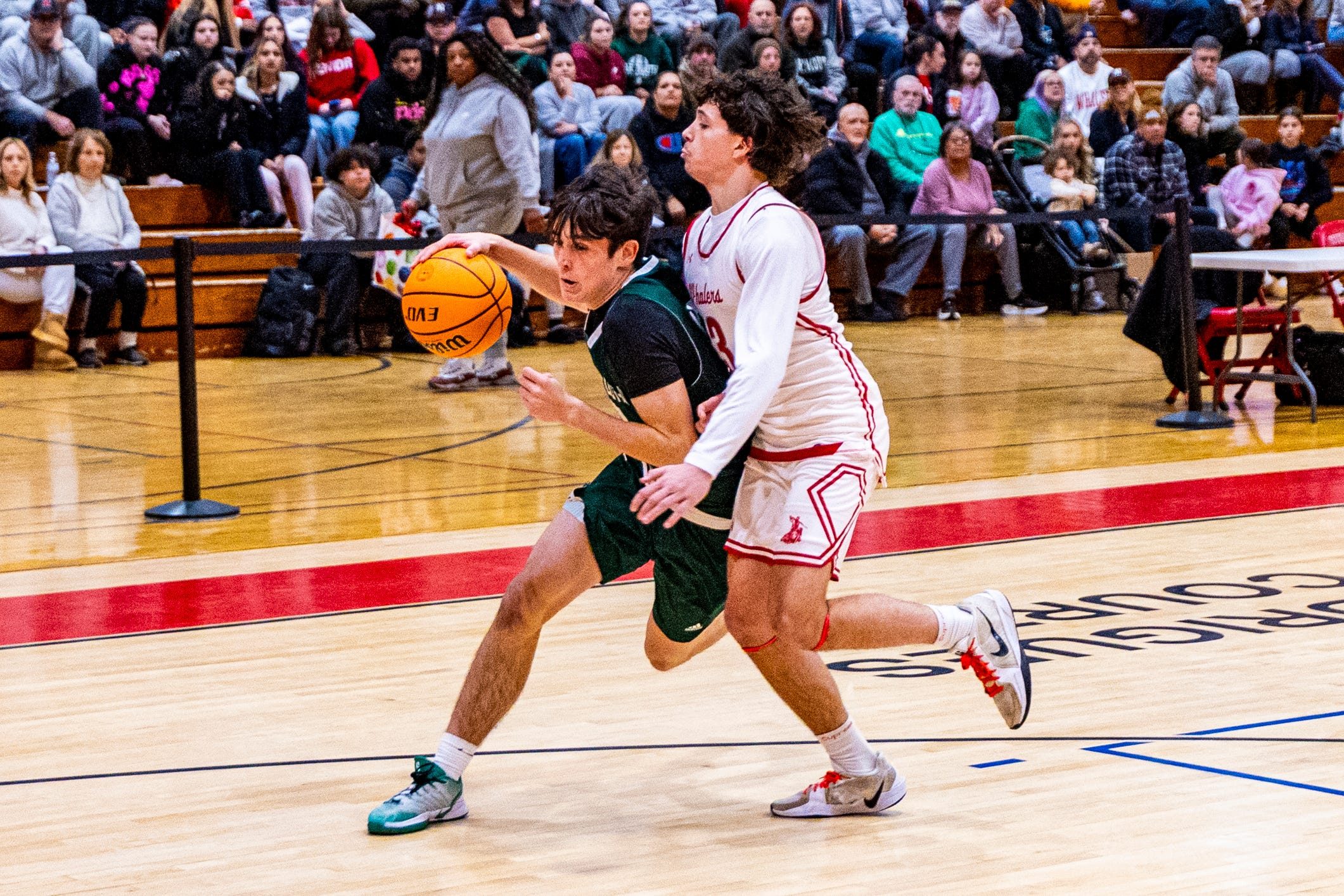 Dartmouth’s James Gilberg presses the attack as New Bedford more then double up Dartmouth 89-44 at home on Monday, January 5th.