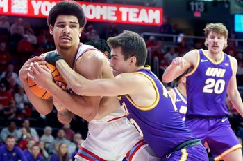 Bradley’s AJ Smith, left, tangles with Northern Iowa’s RJ Taylor in the first half of their college basketball game Saturday, Jan. 10, 2026 at Carver Arena in Peoria. The Braves defeated the Panthers 75-69.
