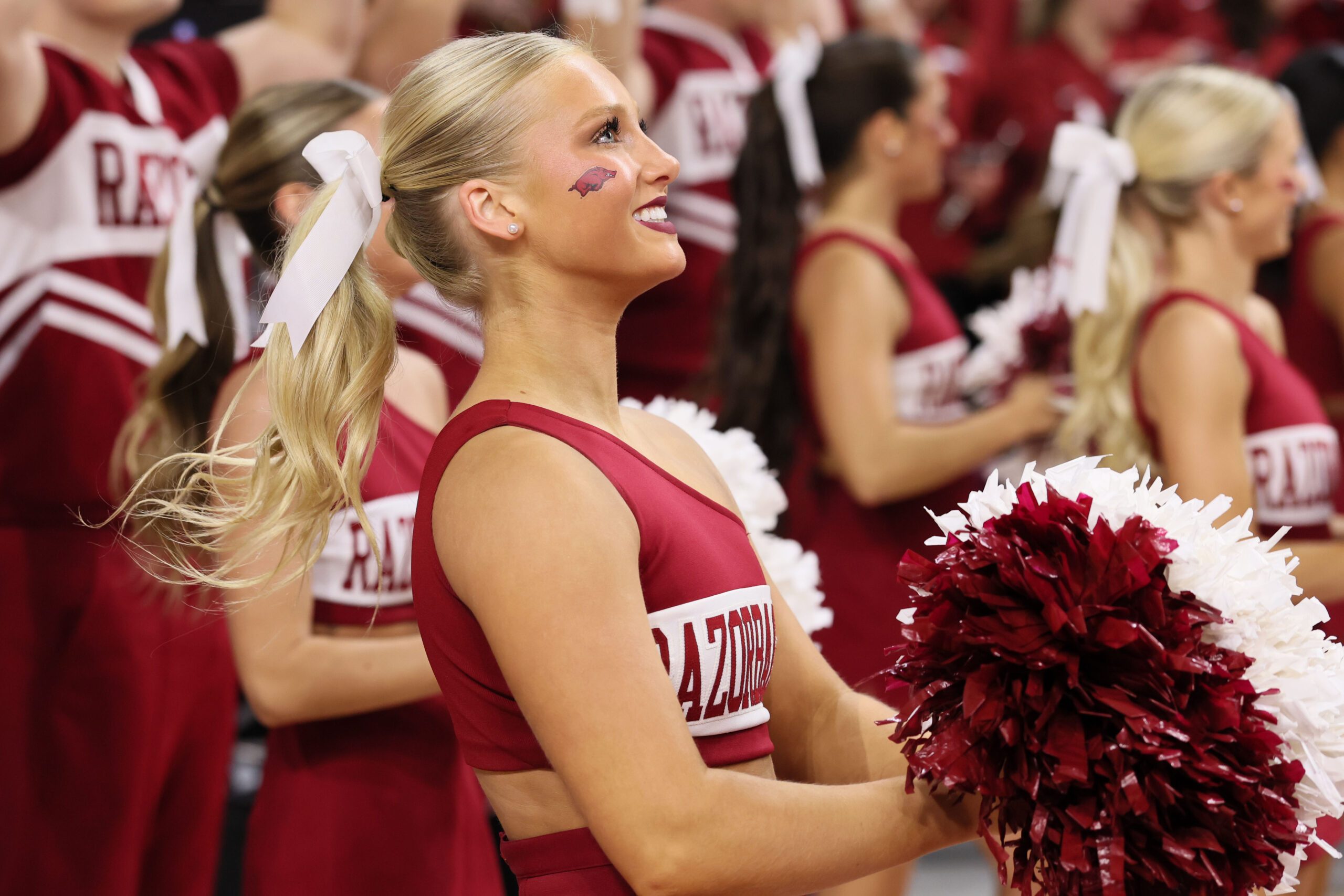 Jan 14, 2026; Fayetteville, Arkansas, USA; Arkansas Razorbacks cheerleaders prior to the game against the South Carolina Gamecocks at Bud Walton Arena. Mandatory Credit: Nelson Chenault-Imagn Images