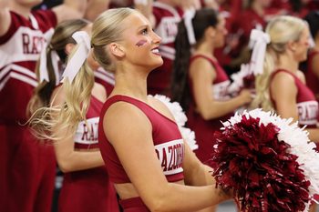 Jan 14, 2026; Fayetteville, Arkansas, USA; Arkansas Razorbacks cheerleaders prior to the game against the South Carolina Gamecocks at Bud Walton Arena. Mandatory Credit: Nelson Chenault-Imagn Images