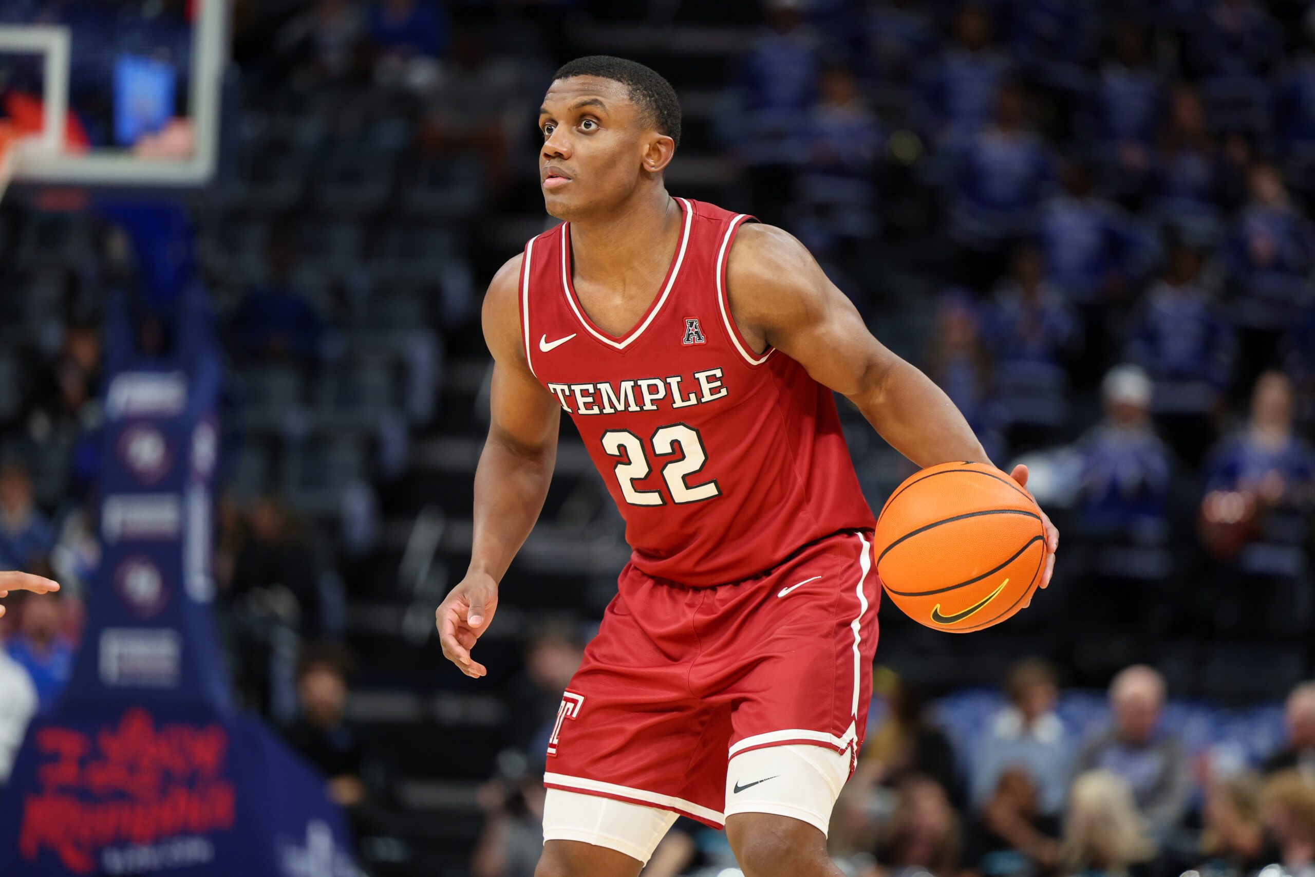 Jan 14, 2026; Memphis, Tennessee, USA; Temple Owls guard Derrian Ford (22) handles the ball against the Memphis Tigers during the second half at FedExForum. Mandatory Credit: Wesley Hale-Imagn Images