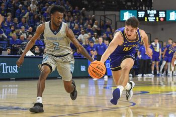 South Dakota State Jackrabbits guard Joe Sayler (3) chases after the ball during the first half against the Kansas City Roos on Saturday, Jan. 17, 2026, at First Bank & Trust Arena in Brookings, South Dakota.