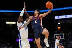 Jan 18, 2026; Memphis, Tennessee, USA; UTSA Roadrunners guard Austin Nunez (2) shoots against Memphis Tigers guard Hasan Abdul Hakim (14) during the second half at FedExForum. Mandatory Credit: Wesley Hale-Imagn Images