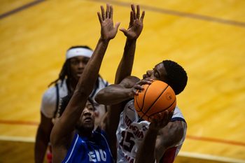 Southern Indiana's Amaree Brown (15) takes a shot as the University of Southern Indiana Screaming Eagles host the Eastern Illinois University Panthers in a doubleheader at Liberty Arena in Evansville, Ind., Thursday, Jan. 22, 2026.