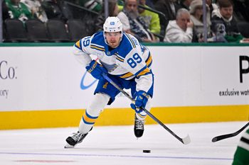 Jan 23, 2026; Dallas, Texas, USA; St. Louis Blues left wing Pavel Buchnevich (89) skates against the Dallas Stars during the third period at the American Airlines Center. Mandatory Credit: Jerome Miron-Imagn Images