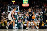Jan 23, 2026; Fort Collins, Colorado, USA; Utah State Aggies guard Drake Allen (8) controls the ball as Colorado State Rams guard Brandon Rechsteiner (2) guards in the first half at Moby Arena. Mandatory Credit: Isaiah J. Downing-Imagn Images