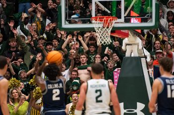 Colorado State's student section attempts to distract Utah State's MJ Collins Jr. during a game at Moby Arena on Jan. 23, 2026 in Fort Collins, Colo.