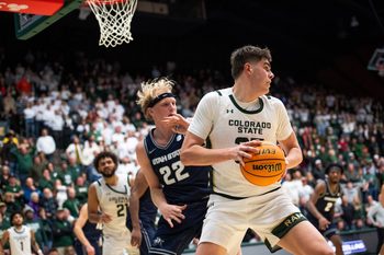Colorado State's Kyle Jorgensen fights to get around Utah State's Karson Templin during a game at Moby Arena on Jan. 23, 2026 in Fort Collins, Colo.
