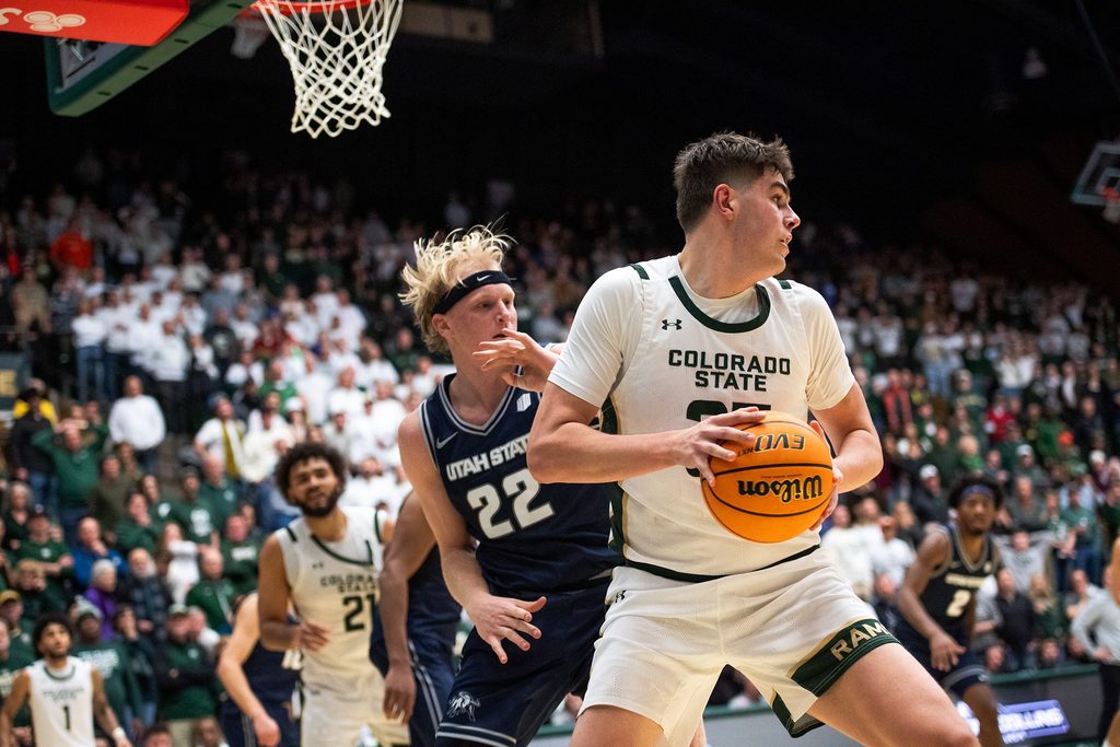 Colorado State's Kyle Jorgensen fights to get around Utah State's Karson Templin during a game at Moby Arena on Jan. 23, 2026 in Fort Collins, Colo.