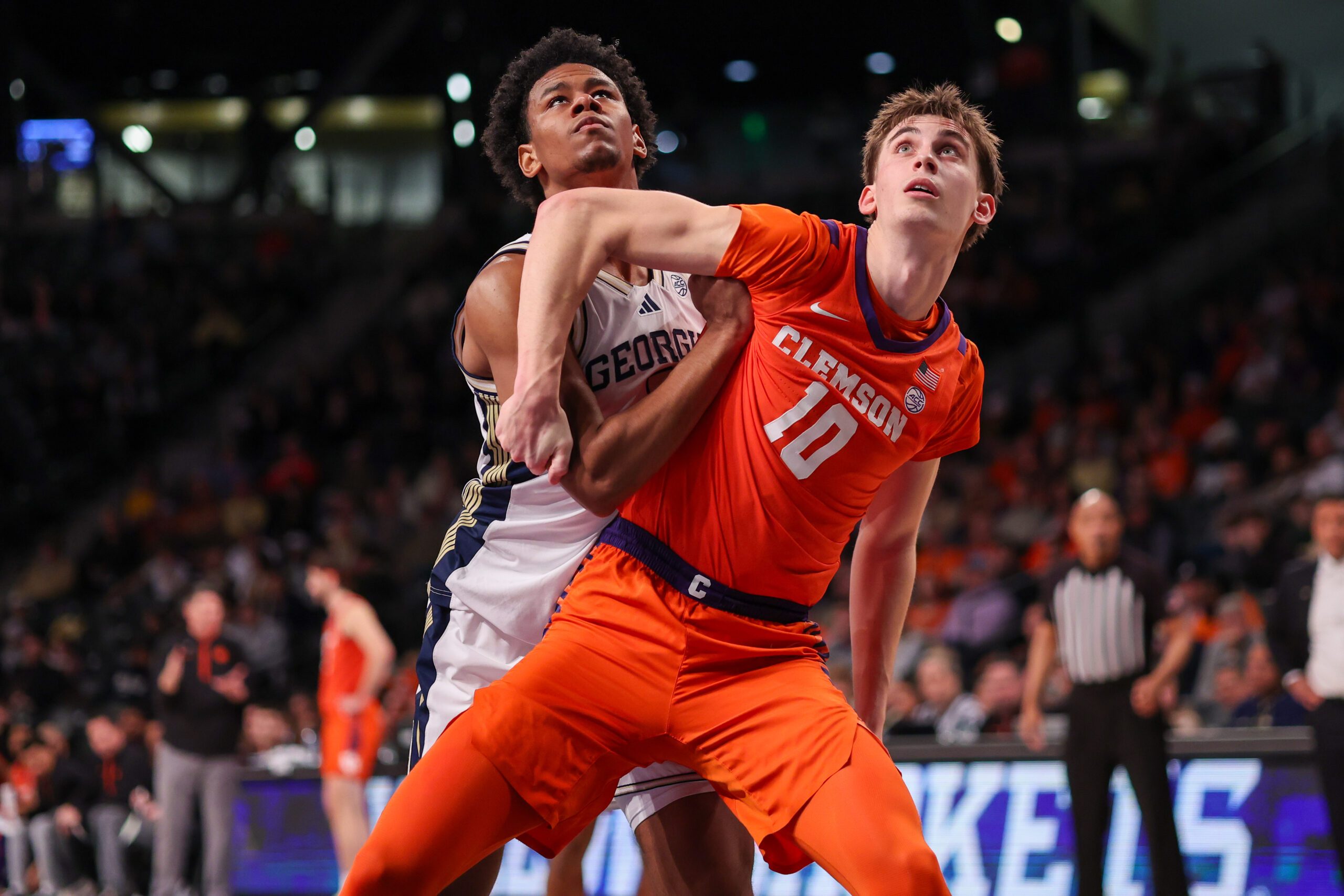 Jan 24, 2026; Atlanta, Georgia, USA; Clemson Tigers forward Jake Wahlin (10) boxes out Georgia Tech Yellow Jackets guard Jaeden Mustaf (3) in the second half at McCamish Pavilion. Mandatory Credit: Brett Davis-Imagn Images