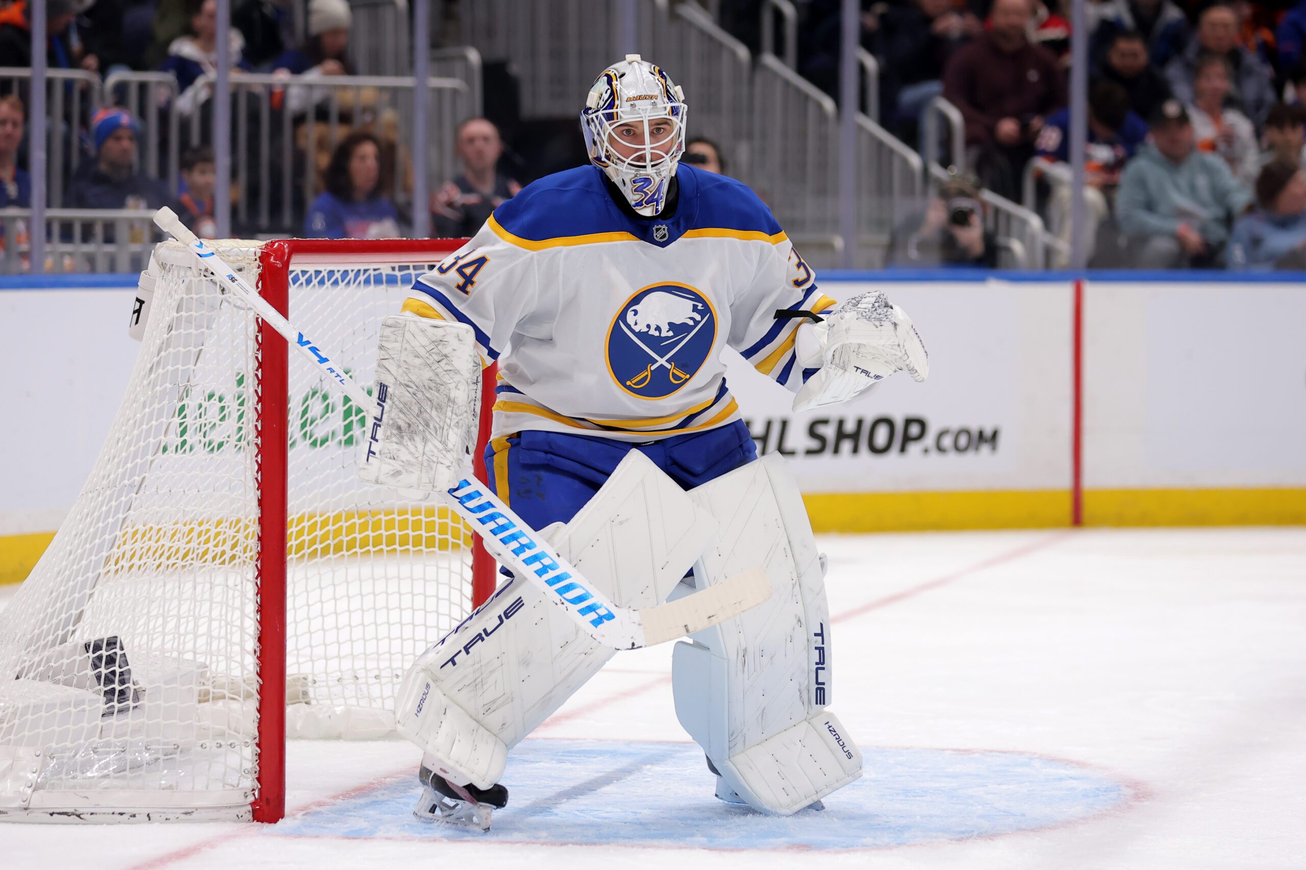 Jan 24, 2026; Elmont, New York, USA; Buffalo Sabres goaltender Alex Lyon (34) tends net against the New York Islanders during the second period at UBS Arena. Mandatory Credit: Brad Penner-Imagn Images