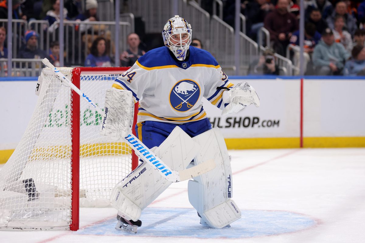 Jan 24, 2026; Elmont, New York, USA; Buffalo Sabres goaltender Alex Lyon (34) tends net against the New York Islanders during the second period at UBS Arena. Mandatory Credit: Brad Penner-Imagn Images