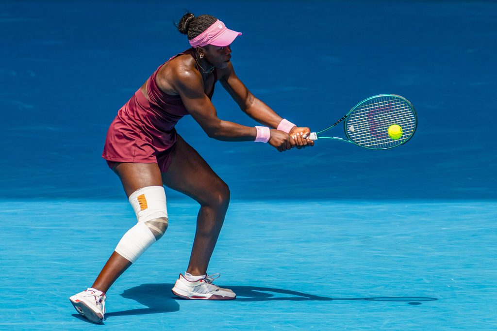 Jan 25, 2026; Melbourne, Victoria, Australia; Victoria Mboko of Canada in action against Aryna Sabalenka in the fourth round of the women’s singles at the Australian Open at Rod Laver Arena in Melbourne Park. Mandatory Credit: Mike Frey-Imagn Images