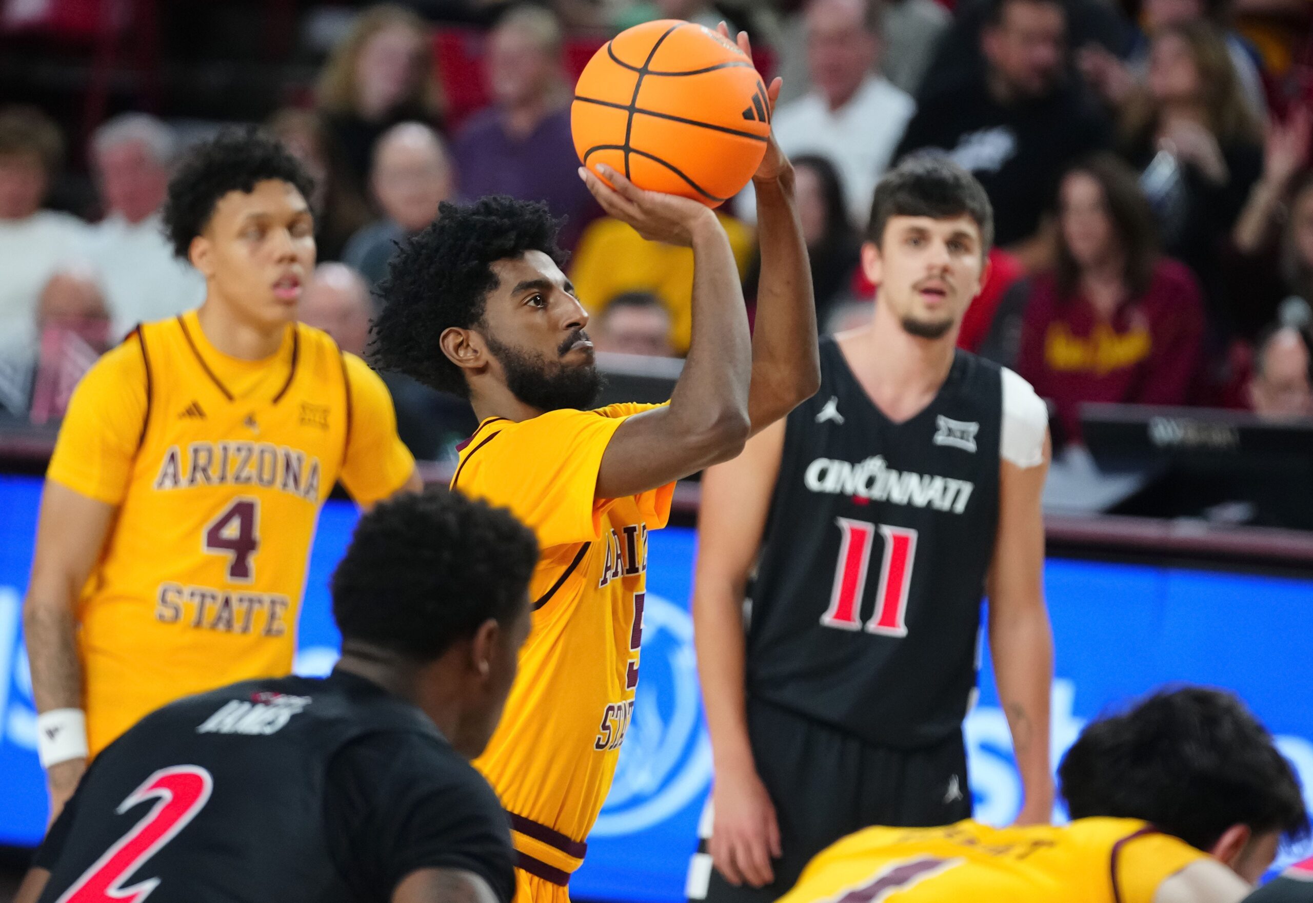 Arizona State guard Moe Odum (5) shoots a free throw against Cincinnati during a game at Desert Financial Arena in Tempe, Ariz., on Jan. 24, 2026.