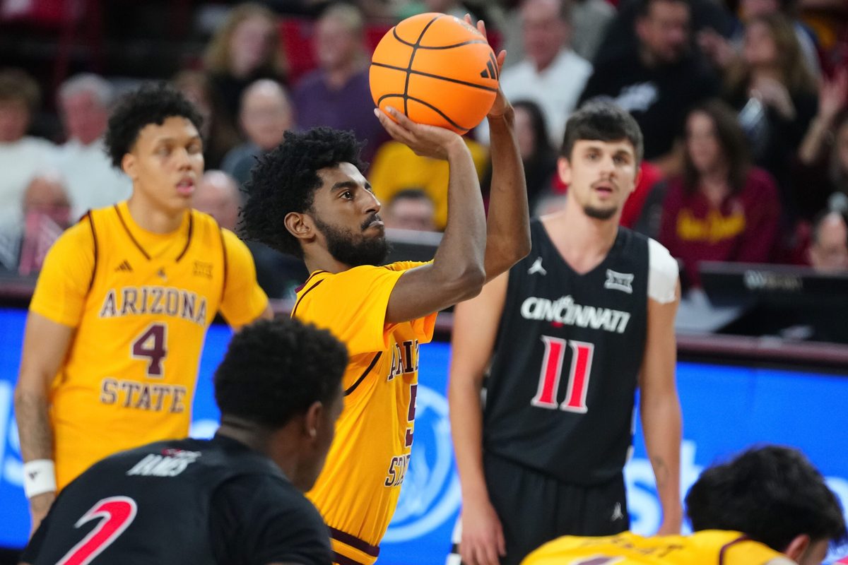 Arizona State guard Moe Odum (5) shoots a free throw against Cincinnati during a game at Desert Financial Arena in Tempe, Ariz., on Jan. 24, 2026.