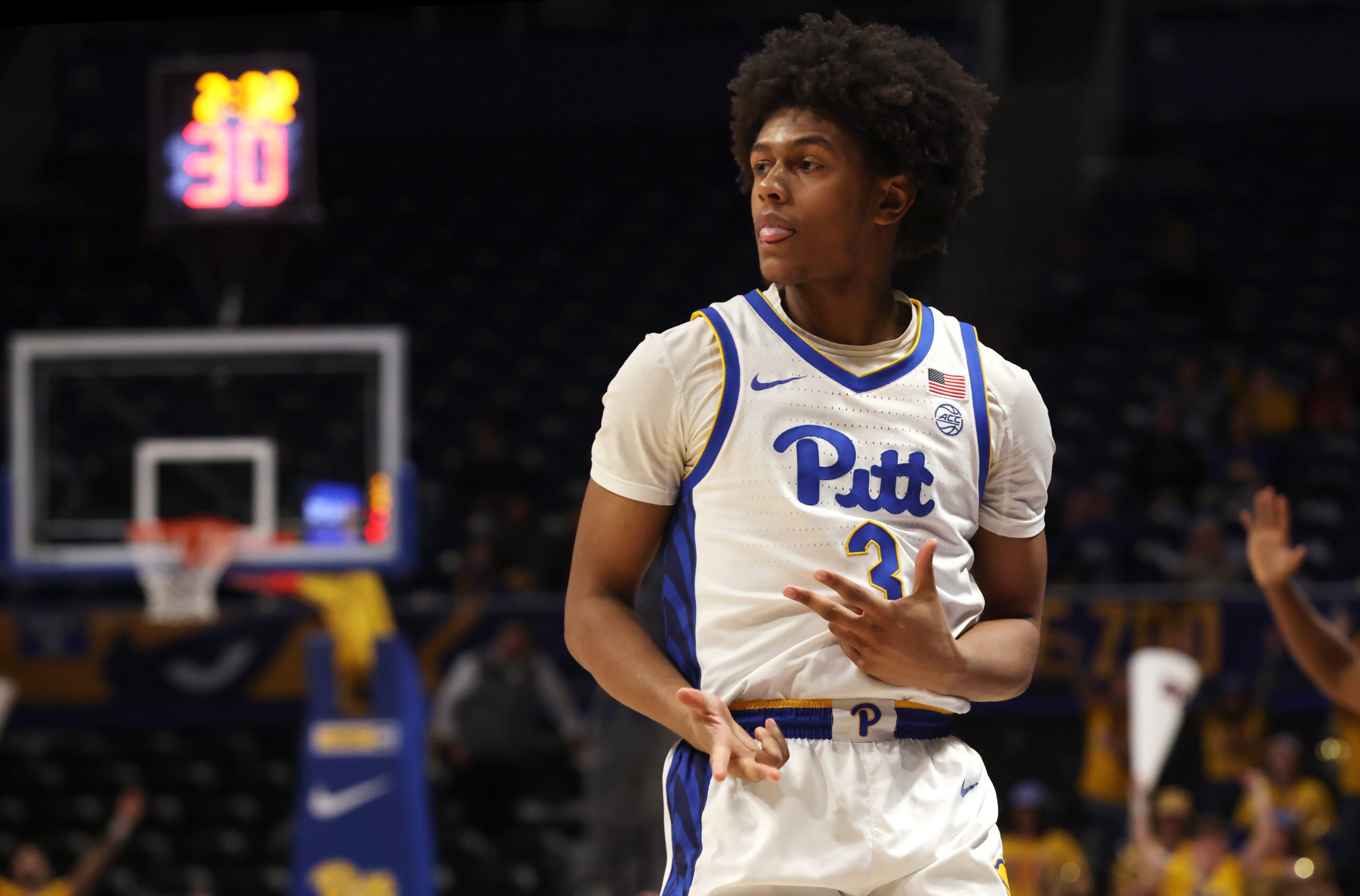 Jan 27, 2026; Pittsburgh, Pennsylvania, USA;  Pittsburgh Panthers guard Brandin Cummings (3) reacts after making a three point basket in overtime against the Wake Forest Demon Deacons at the Petersen Events Center. Mandatory Credit: Charles LeClaire-Imagn Images