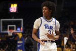 Jan 27, 2026; Pittsburgh, Pennsylvania, USA;  Pittsburgh Panthers guard Brandin Cummings (3) reacts after making a three point basket in overtime against the Wake Forest Demon Deacons at the Petersen Events Center. Mandatory Credit: Charles LeClaire-Imagn Images