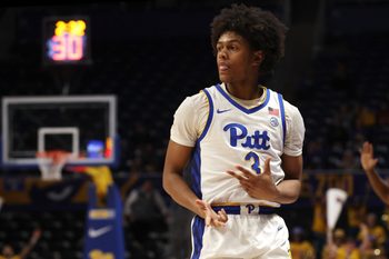 Jan 27, 2026; Pittsburgh, Pennsylvania, USA;  Pittsburgh Panthers guard Brandin Cummings (3) reacts after making a three point basket in overtime against the Wake Forest Demon Deacons at the Petersen Events Center. Mandatory Credit: Charles LeClaire-Imagn Images