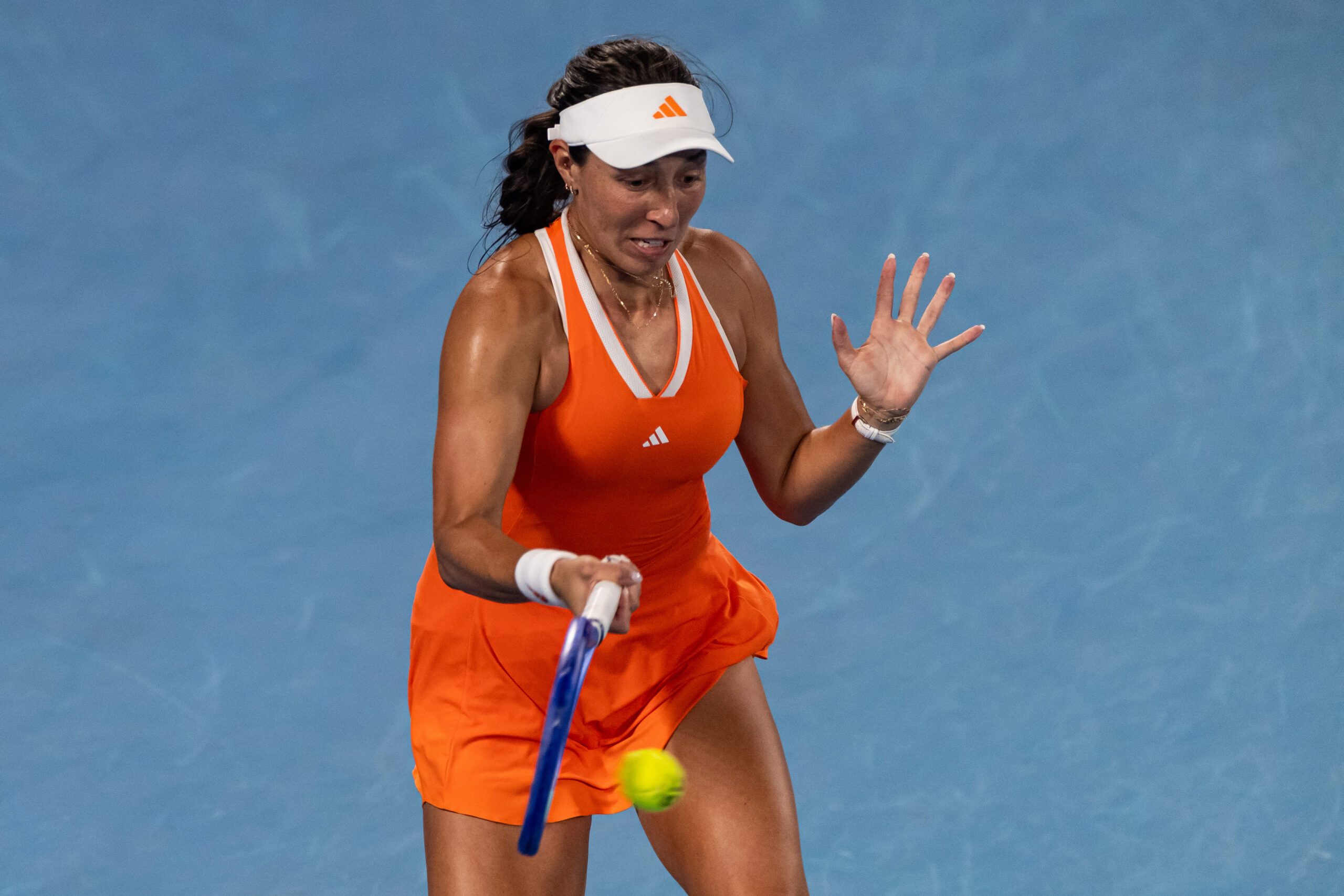 Jan 29, 2026; Melbourne, Victoria, Australia; Jessica Pegula of United States in action against Elena Rybakina of Kazakhstan in the semifinals of the womenís singles at the Australian Open at Rod Laver Arena in Melbourne Park. Mandatory Credit: Mike Frey-Imagn Images
