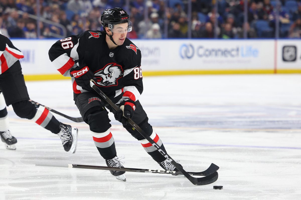 Jan 29, 2026; Buffalo, New York, USA;  Buffalo Sabres center Noah Ostlund (86) controls the puck during the second period against the Los Angeles Kings at KeyBank Center. Mandatory Credit: Timothy T. Ludwig-Imagn Images