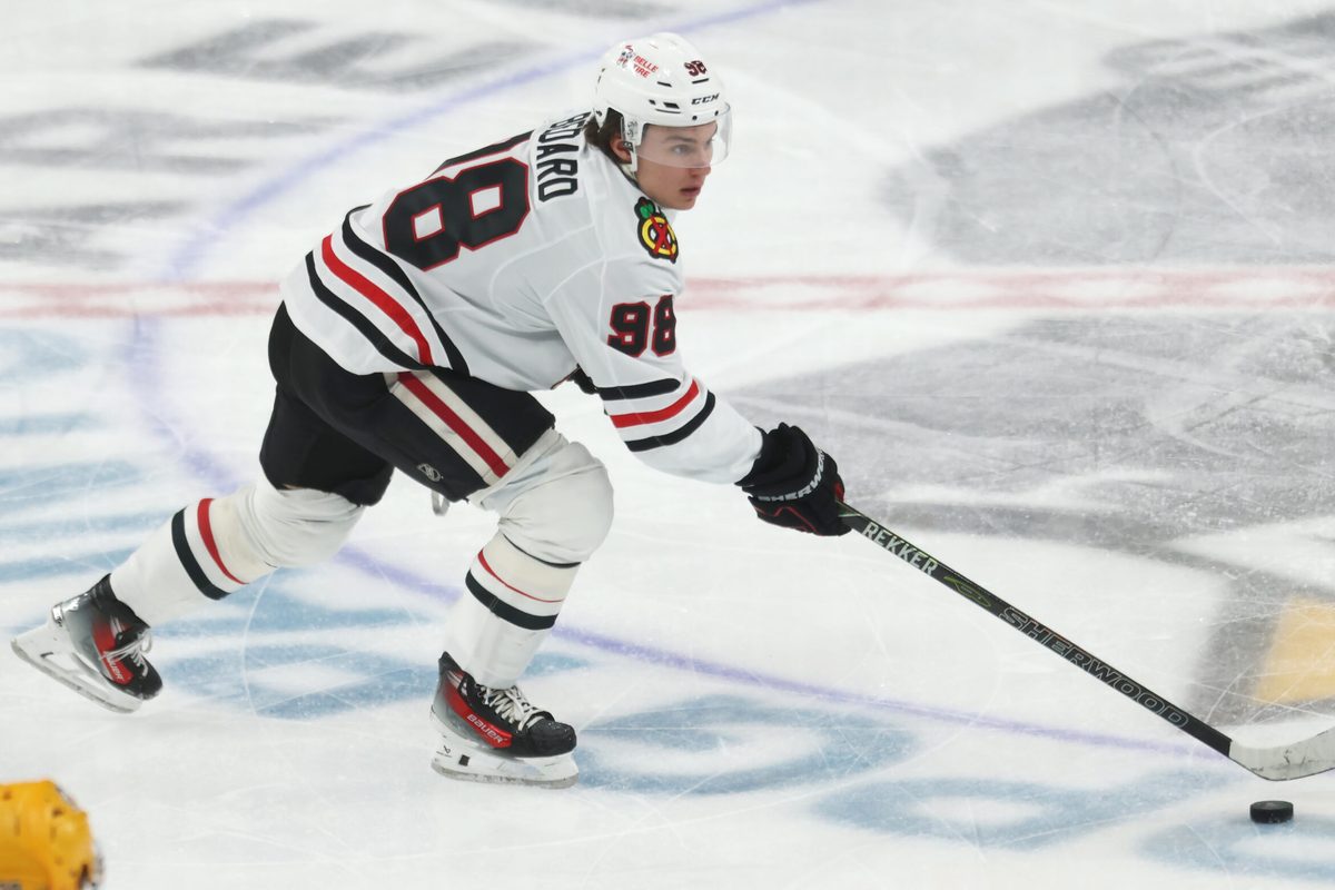 Jan 29, 2026; Pittsburgh, Pennsylvania, USA;  Chicago Blackhawks center Connor Bedard (98) skates with the puck against the Pittsburgh Penguins during the third period at PPG Paints Arena. Mandatory Credit: Charles LeClaire-Imagn Images
