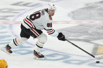 Jan 29, 2026; Pittsburgh, Pennsylvania, USA;  Chicago Blackhawks center Connor Bedard (98) skates with the puck against the Pittsburgh Penguins during the third period at PPG Paints Arena. Mandatory Credit: Charles LeClaire-Imagn Images