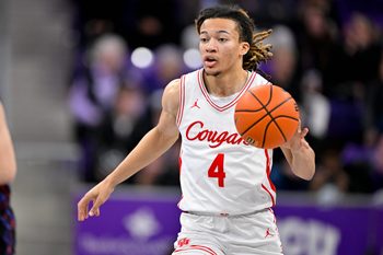 Jan 28, 2026; Fort Worth, Texas, USA; Houston Cougars guard Kingston Flemings (4) brings the ball up court during the game at Ed and Rae Schollmaier Arena. Mandatory Credit: Jerome Miron-Imagn Images